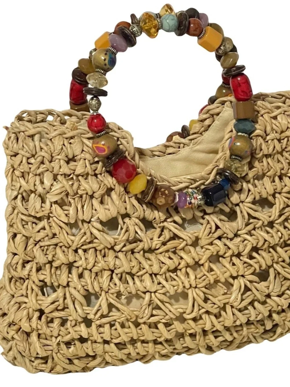 Cappelli Straworld Purse Handbag Round Beaded Jewel Handles Beige/Gold Lined - Picture 1 of 14